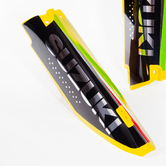 UFO Suzuki Fork Guard plastics with Chrome Effect Graphics Fitted RM 125 RM 250 2007 - 2008 RMZ 250 RMZ 450 07 - 2025, Yellow