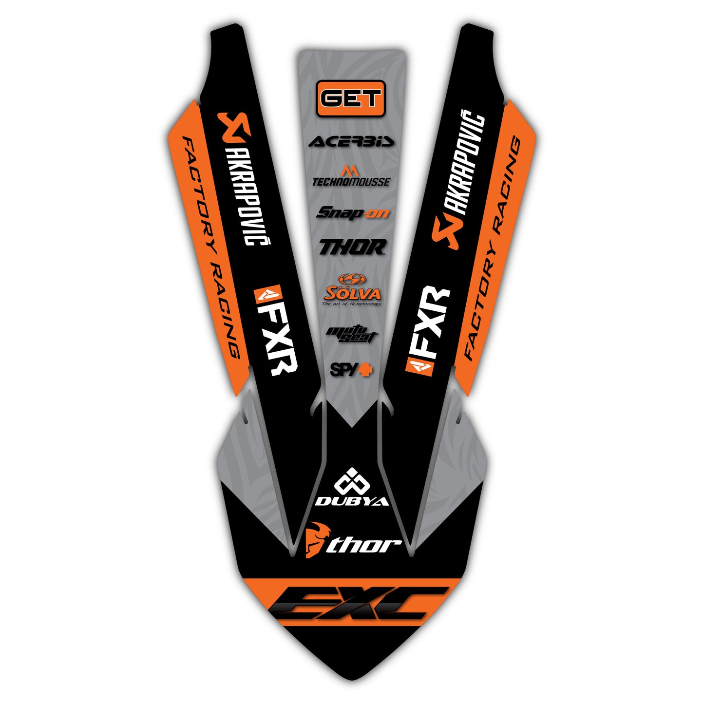 Front Fender Graphics Kit - Fits KTM SX50, SX65, SX85, 125 SX, 250 SX-F, 350 SX-F, 450 SX-F, 250 EXC-F, 300 EXC, 500 EXC-F